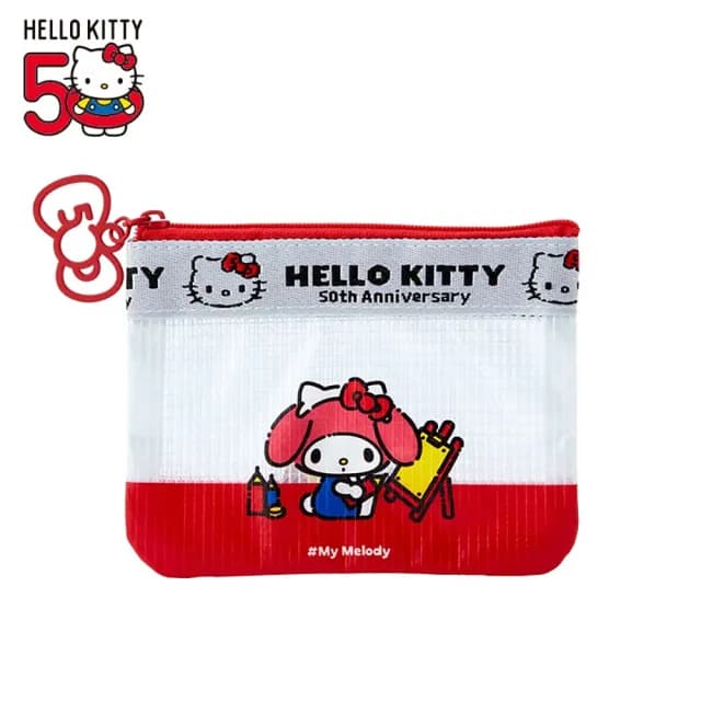 【SANRIO 三麗鷗】情人節禮物 Hello Kitty 50周年 網袋零錢包 扁平收納包 美樂蒂