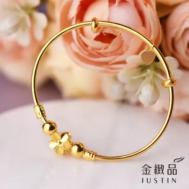 【金緻品】黃金兒禮 花漾朵朵 童鐲 2.17錢(寶寶金飾 小孩手環 彌月禮盒 花朵 富貴 金球 新生兒送禮 串珠)