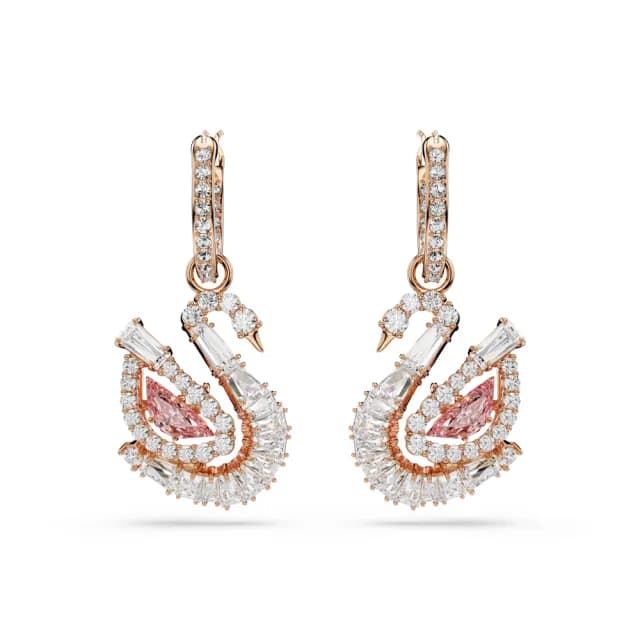 【SWAROVSKI 施華洛世奇】Swan 水滴形耳環 密鑲 天鵝 粉紅色