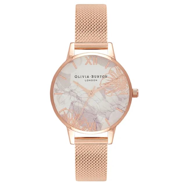 【Olivia Burton】Abstract Florals系列-玫瑰金殼白色抽象花卉面玫瑰金米蘭帶腕錶(OB16VM11)