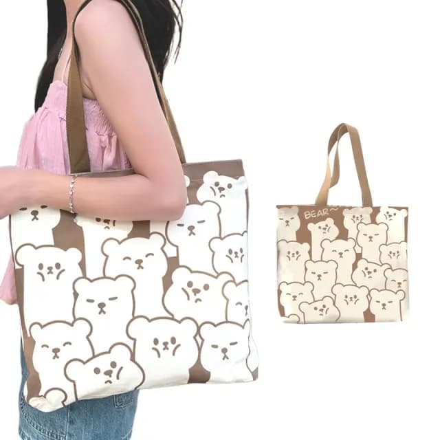 【風格單品】父親節禮物 日系可愛清新滿版小熊單肩包(帶內袋 夾層帆布袋 購物袋 大學生 書包 上班族 通勤包