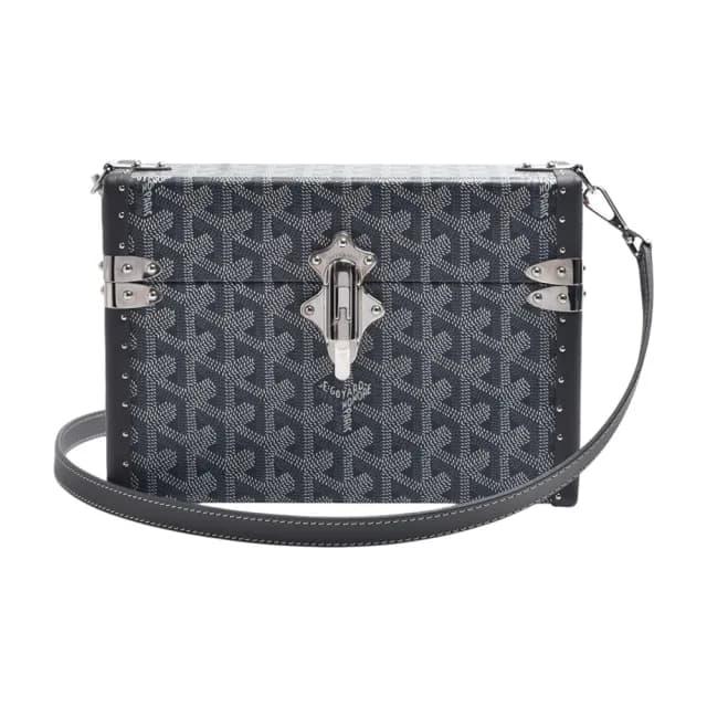 【GOYARD 高雅德】經典Cassette Trunk系列滿版LOGO手工帆布小牛皮方盒斜背包(灰色-限量版CASSETPMLT-GREY)