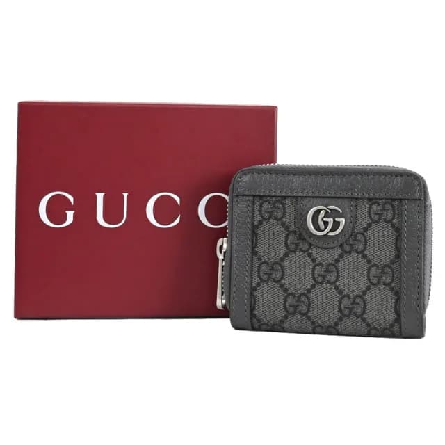 【GUCCI 古馳】GG Supreme 經典雙G印花皮革信用卡證件名片零錢包(灰)