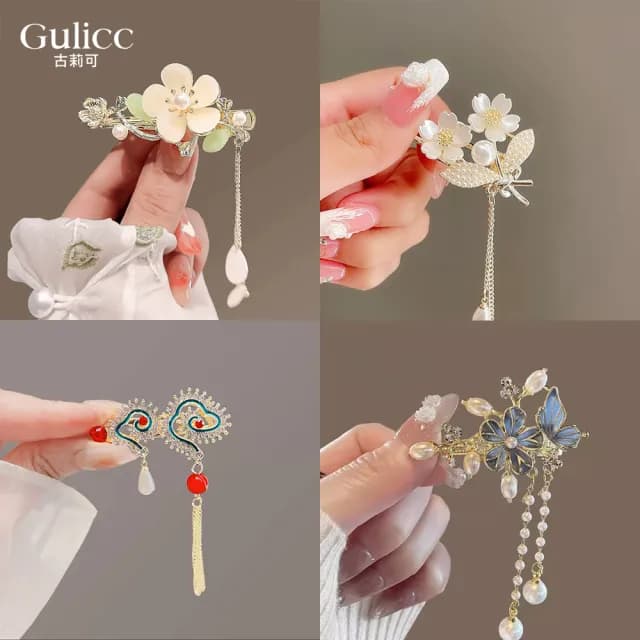 【Golicc】髮夾 古典流蘇花朵 仙氣爆棚小抓夾(雙11 聖誕節 生日 髮飾 頭飾 鯊魚夾 抓夾 禮物)