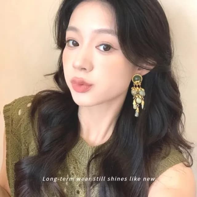 【中古復古】宮廷風長流蘇耳環1對(大寶石 耳墜 耳飾 耳針 耳釘 首飾 垂墜耳環 情人節 禮物)