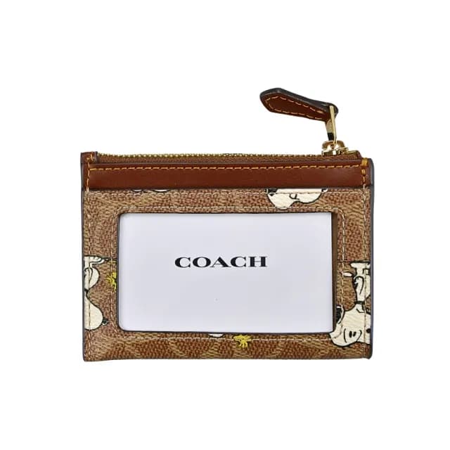 【COACH】X PEANUTS C LOGO PVC拼接素面皮革前卡夾鑰匙零錢包(史努比圖印/深淺棕C)