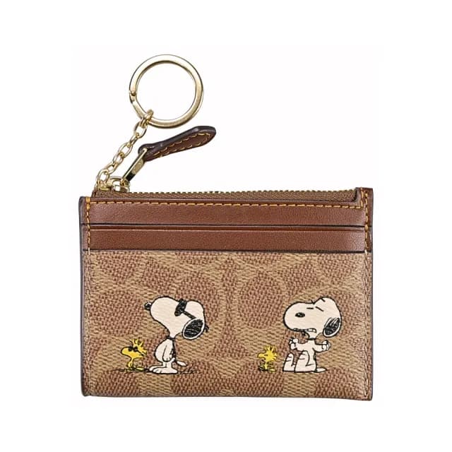 【COACH】X PEANUTS C LOGO PVC拼接素面皮革前卡夾鑰匙零錢包(史努比圖印/深淺棕C)