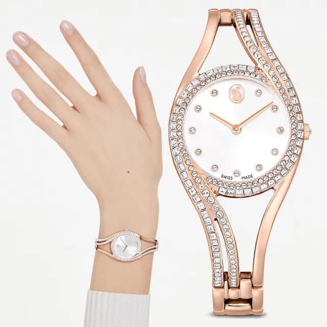 【SWAROVSKI 施華洛世奇】Hyperbola 優雅曲線手鐲式手錶 女錶-玫瑰金/28mm(5715465)