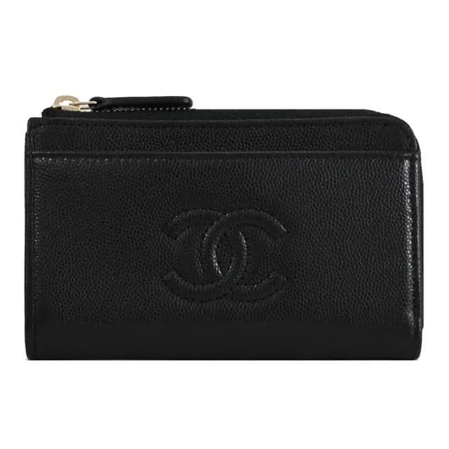 【CHANEL 香奈兒】經典雙C LOGO亮面粒紋5信用卡卡拉鍊零錢包(黑)