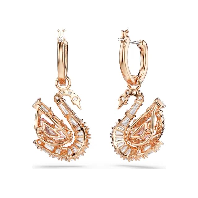 【SWAROVSKI 施華洛世奇】Swan 天鵝優雅律動 粉紅色水晶垂墜式耳環-玫瑰金(5732415)