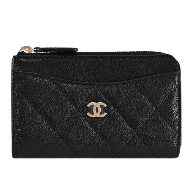 【CHANEL 香奈兒】經典雙C菱格紋小牛皮信用卡證件名片零錢包(黑/淡金)