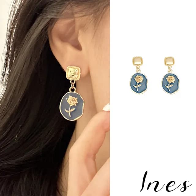 【INES】韓國設計S925銀針法式優雅彩釉金色玫瑰耳環(S925銀針耳環 金色耳環 玫瑰耳環)