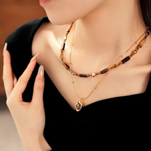 【Twinkle Me】美拉德風虎眼石多層次項鍊組(精美禮盒+同款紙袋)