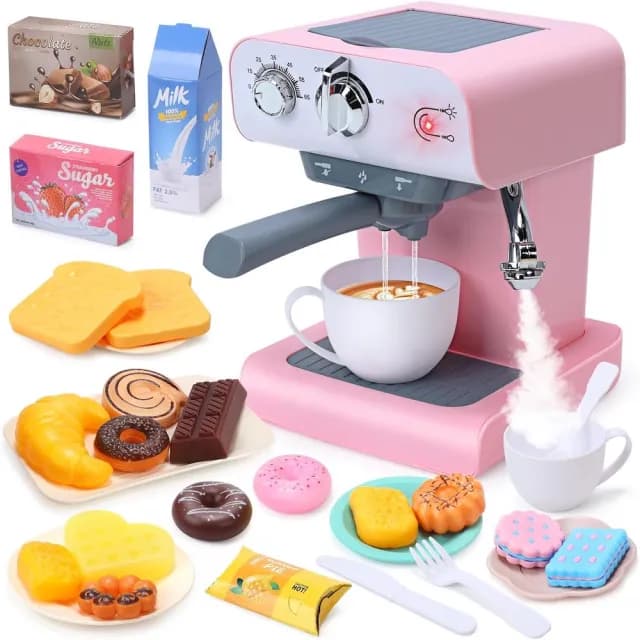 【CuteStone】兒童仿真噴霧咖啡機玩具組 咖啡機+甜點全套配件(兒童益智玩具 廚房玩具組 女孩玩具 生日禮物)
