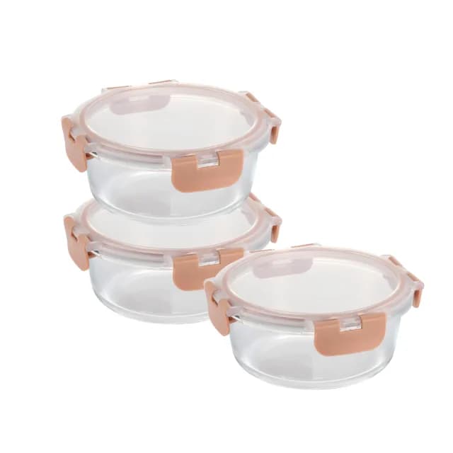 【CorelleBrands 康寧餐具】圓形可拆扣玻璃保鮮盒 660ML三入組(奶茶色)