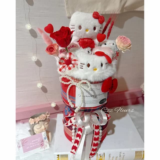 【喜滋滋】敲可愛凱蒂貓Kitty玩偶永生花花束(情人節花束/生日禮物/告白花束/週年慶/畢業花束)