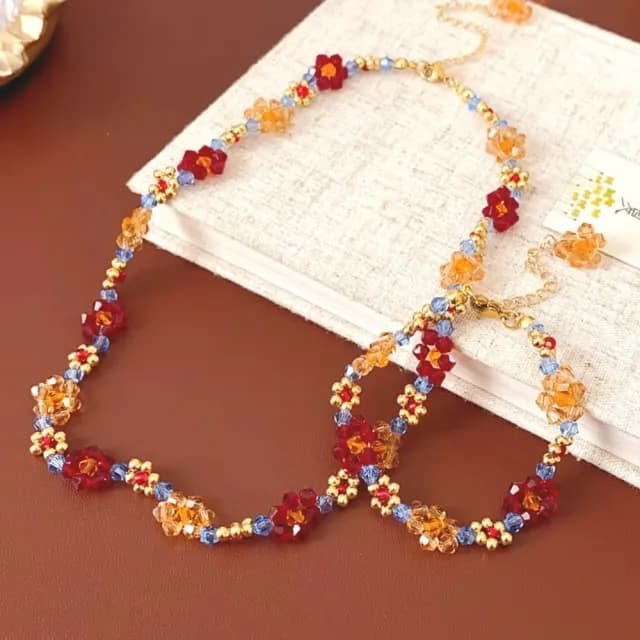 【彩色點睛】復古花朵串珠手鍊+項鍊(手串 手鏈 首飾 配飾 鎖骨鍊 氣質 穿搭 頸鍊 配件 百搭 禮物)