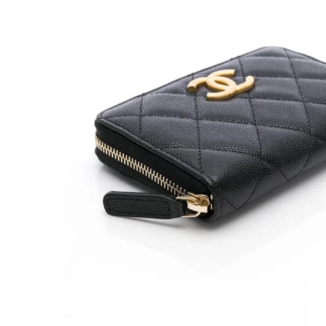 【CHANEL 香奈兒】25P 拉絲紋logo 零錢包(黑/金-ㄇ字拉鍊/內層I字拉鍊)
