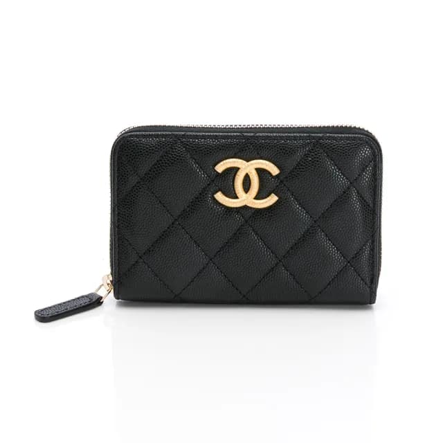 【CHANEL 香奈兒】25P 拉絲紋logo 零錢包(黑/金-ㄇ字拉鍊/內層I字拉鍊)