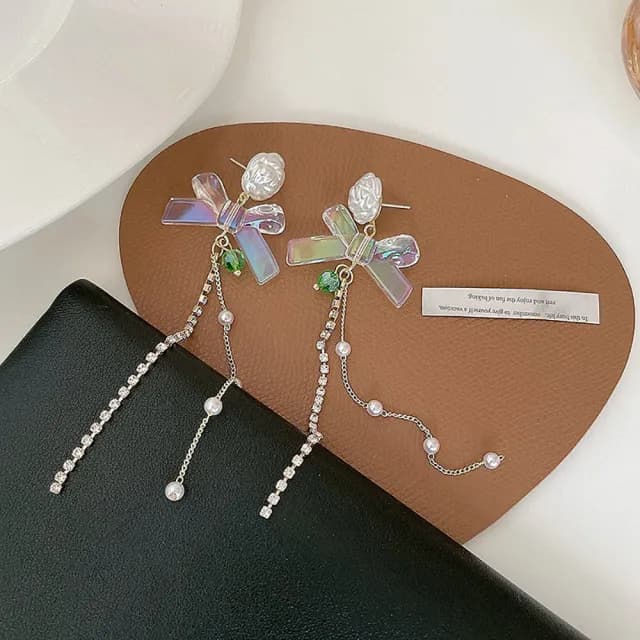【MISS KOREA】韓國設計S925銀針法式玫瑰花朵透明蝴蝶結長流蘇墜耳環(S925銀針耳環 玫瑰耳環 蝴蝶結耳環)