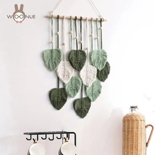 【WOONUE HOME】macrame手工壁幔壁掛毯裝飾慢編織壁掛掛飾壁毯樹葉子綠白(喬遷禮物朋友禮物搬家禮物)