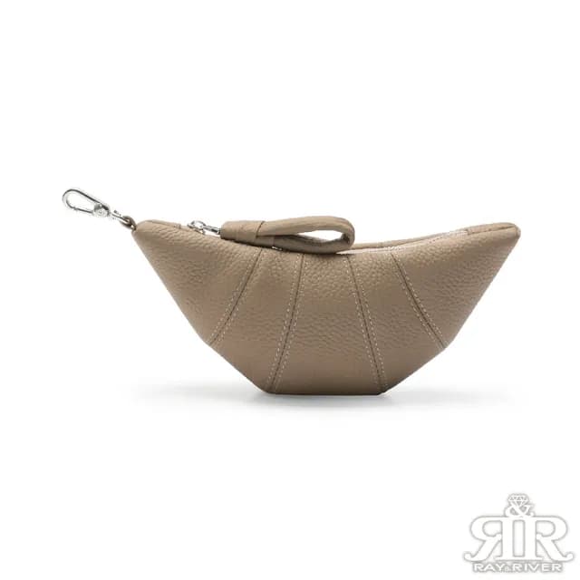 【2R 手工真皮】雙11 韓潮 Croissant 牛皮造型隨身零錢可頌包 灰卡其(真皮 零錢包 收納包 掛包)