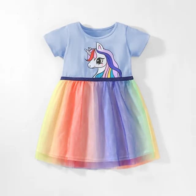 【橘魔法】七彩漸層獨角獸短袖紗裙洋裝(短袖洋裝 兒童 連身洋裝 連身裙 連衣裙 女童 童裝)