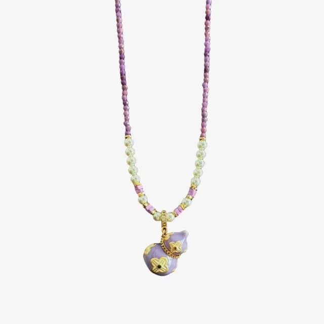 【紫氣東來】滴油法琅葫蘆串珠項鍊(珍珠 葫蘆吊墜 古風 小眾設計 新中式 高級 鎖骨鍊 古著 男女)