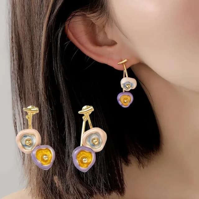 【小眾配件】油畫風法琅滴油耳環1對(多巴胺 彩色 花朵 耳飾 耳釘 耳扣 耳墜 飾品 耳朵)