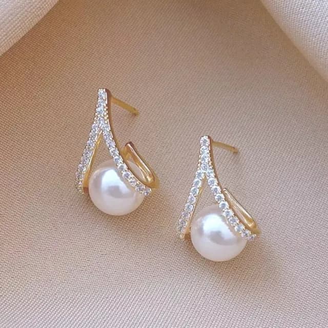 【輕奢單品】韓系浪漫回憶倒V珍珠鋯石耳環(高級感 耳針 耳釘 耳飾  女)
