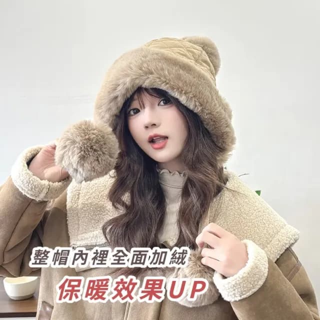 【小臉神帽】韓系冬季加絨護耳球球毛帽(毛球針織 保暖 聖誕交換禮物 毛線帽 防寒帽 防風帽 穿搭配件)
