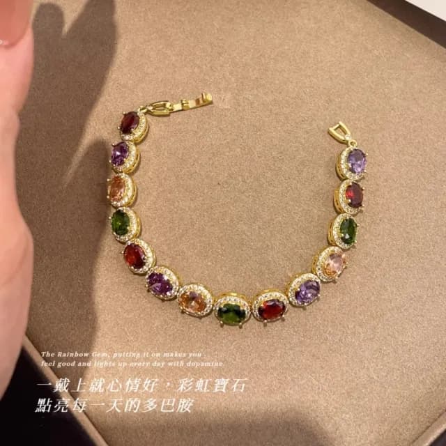 【華麗配飾】多巴胺彩虹寶石手鍊(氣質 高檔 手環 手珠 手串 女生 貴氣 彩寶)