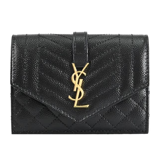 【YSL】金屬字母LOGO菱格縫線牛皮信用卡名片夾零錢包(黑)