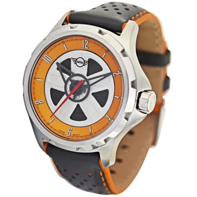【MINI SWISS WATCHES】石英錶 44mm 綠黑底方向盤錶面 綠色透孔皮錶帶(綠色 七夕禮物 情人節)