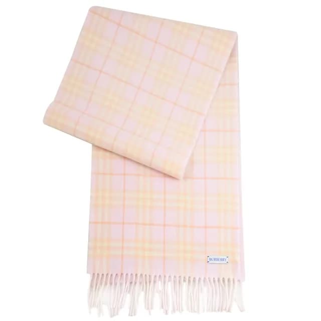 【BURBERRY 巴寶莉】經典格紋純喀什米爾羊毛保暖披肩長圍巾(粉/淺黃)