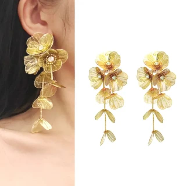 【紙醉金迷】法式浮誇金花耳環1對(金屬花朵 流蘇耳環 耳墜 耳飾 耳針 耳釘 首飾 垂墜耳環 禮物)
