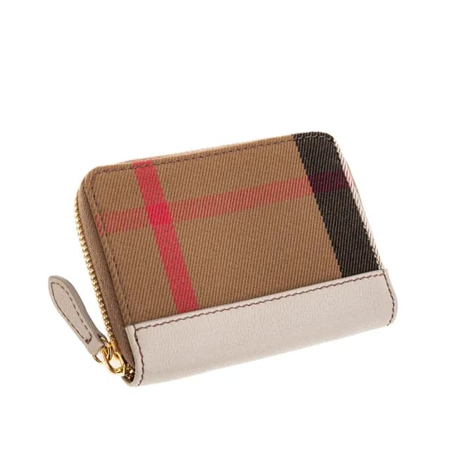 【BURBERRY 巴寶莉】經典大格紋帆布拼牛皮ㄇ形拉鍊零錢包(米白)
