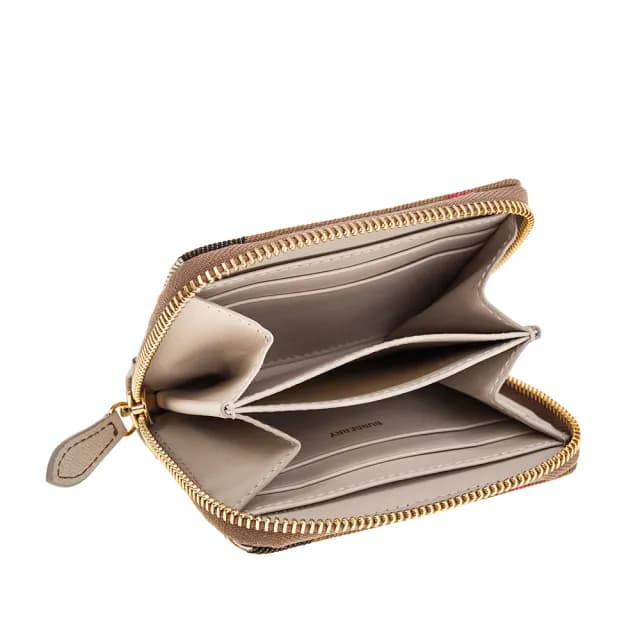【BURBERRY 巴寶莉】經典大格紋帆布拼牛皮ㄇ形拉鍊零錢包(米白)