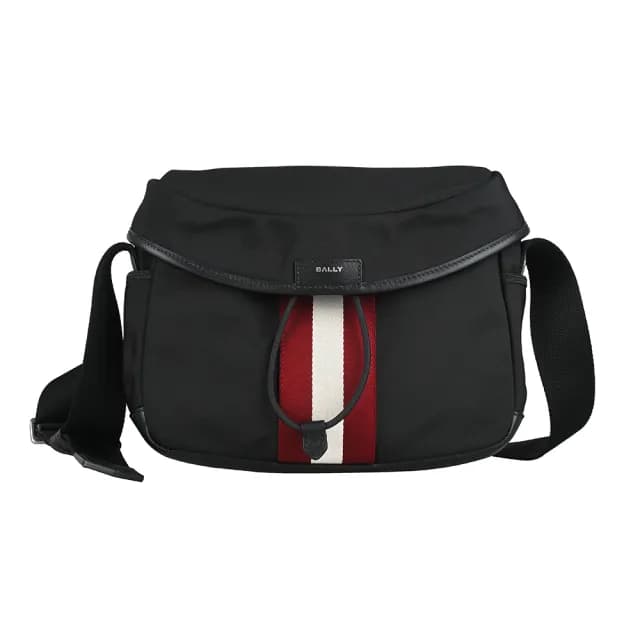 【BALLY】BALLY Code紅白條紋束口磁釦式斜背包(黑)