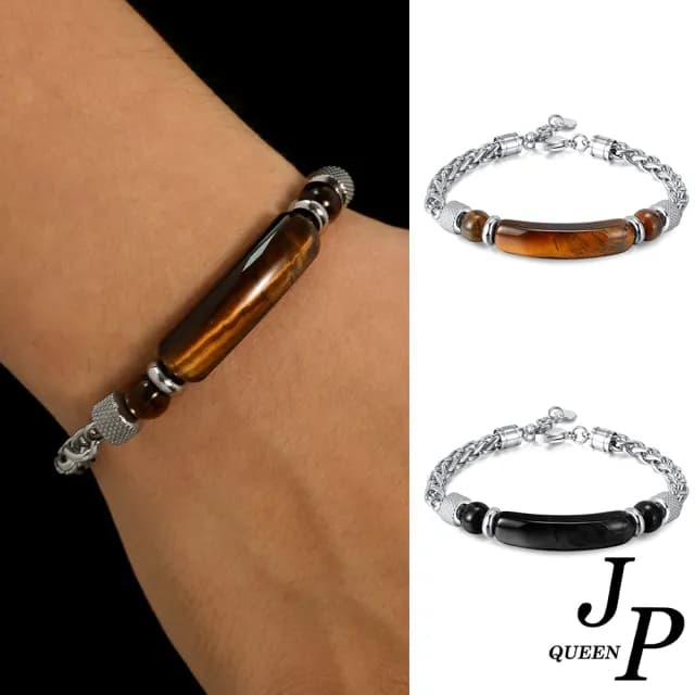 【Jpqueen】歐風虎眼石復古鍊條拼接不鏽鋼中性手鍊(2色可選)