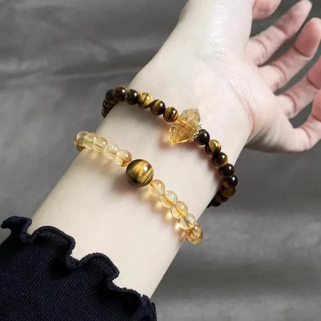 【MoonDy】雙11 黃水晶 串珠 圓珠 手鍊女 飾品 高級感 雙圈手鍊 虎眼石