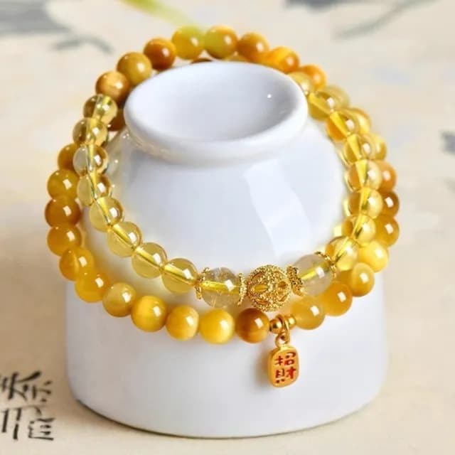 【MoonDy】金虎眼 黃水晶 手鍊女 飾品 圓珠手串 雙圈手鍊 天然水晶