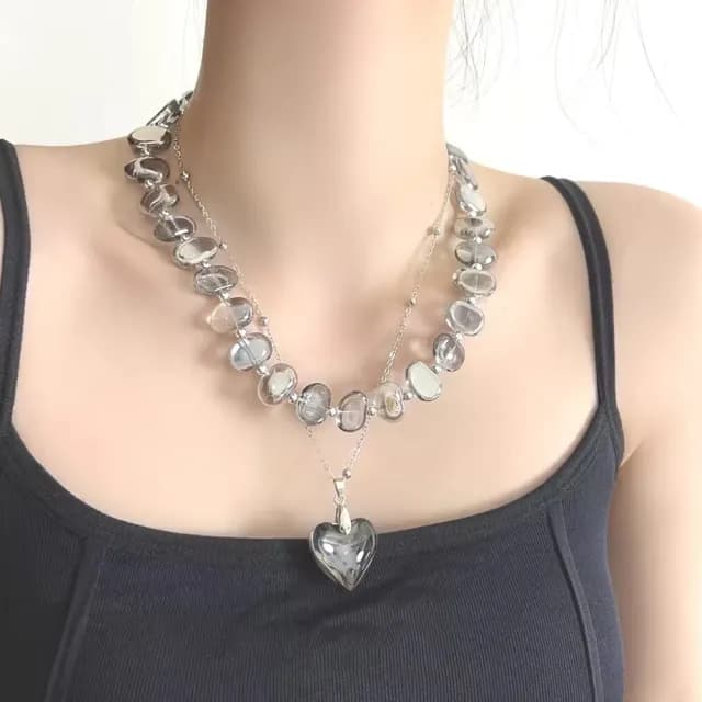 【時尚桃心】不規則雙層愛心水晶項鍊(中古 透灰 串珠 女 疊戴 吊墜 墜飾 飾品)