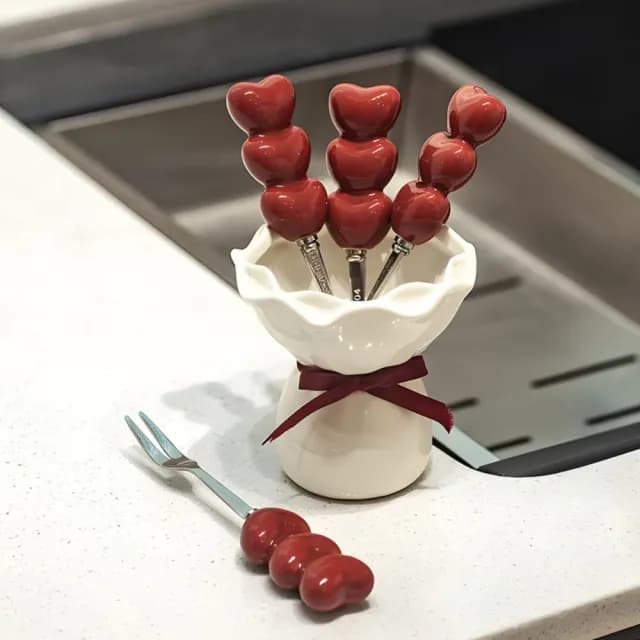 【一束可愛】愛心花束水果叉(叉子 環保餐具 果籤 陶瓷 不鏽鋼 甜品叉)