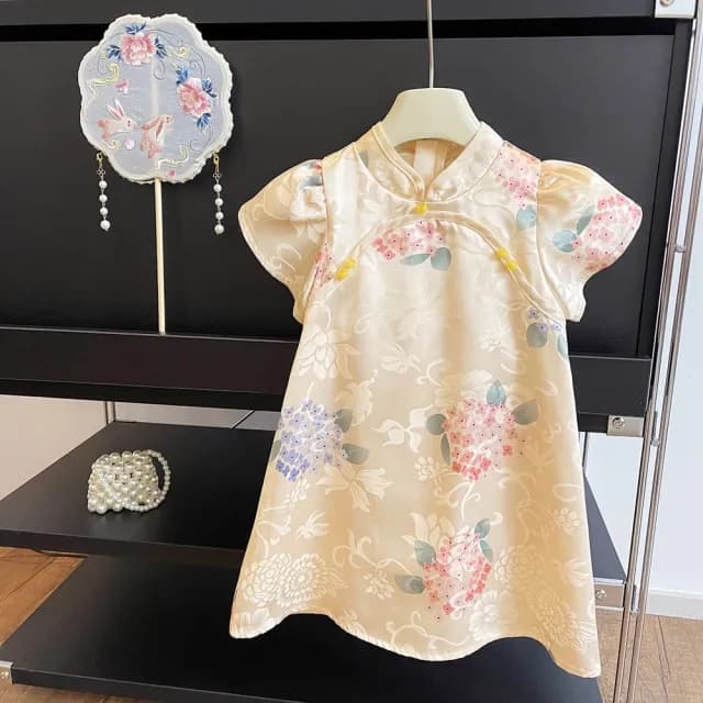 【橘魔法】光澤綢緞繡球花旗袍洋裝(連身洋裝 連衣裙 連身裙 女童 兒童 童裝)