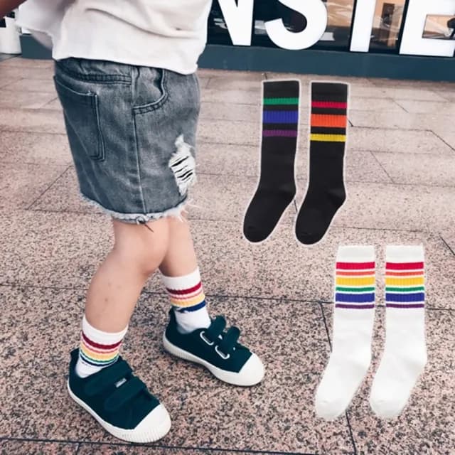 【橘魔法】彩虹中筒襪(白色襪子 學生襪 足球襪 長襪 襪子 兒童 童襪 男童 女童 中性款 童裝)