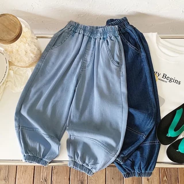 【橘魔法】雙色休閒牛仔縮口褲(大童 牛仔褲 哈倫褲 長褲 薄長褲 褲子 防蚊褲 縮口褲 童裝 兒童)