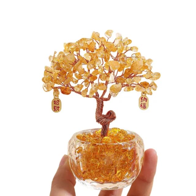 【Homeco】黃水晶發財樹擺件 聚寶盆水晶樹 招財開運擺飾(喬遷開業禮物 居家擺件)