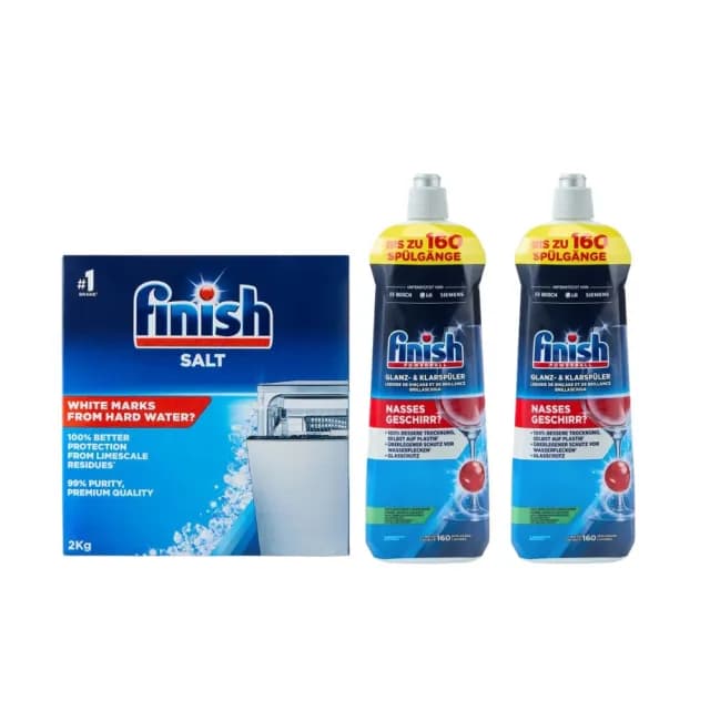 【finish】洗碗機專用組合 軟化鹽 軟水鹽 2kg/包+光潔劑 800ml x 2瓶(平輸/硬水區必備/玻璃餐具必備)