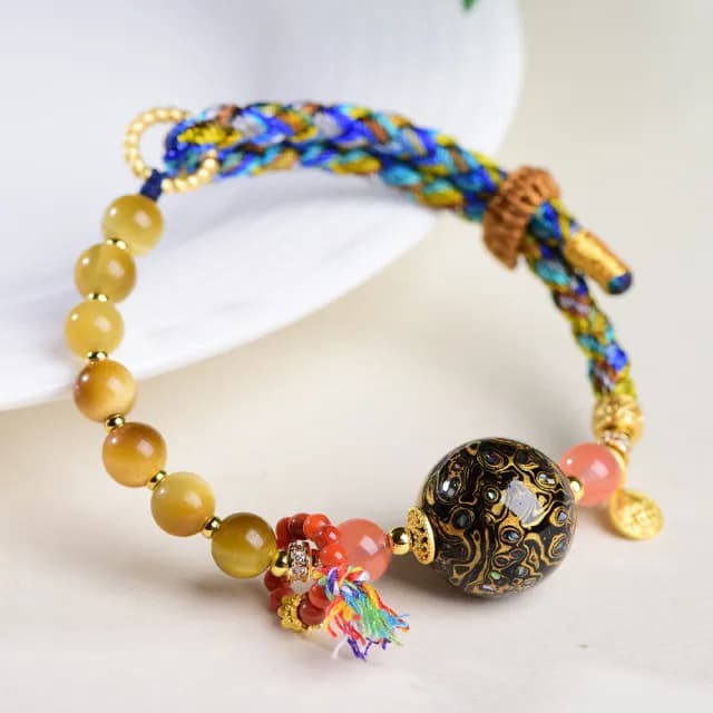 【KT DADA】雙11 大漆珠 虎眼石 串珠手鍊 編織繩 新中式 手鍊 飾品 女生手鍊